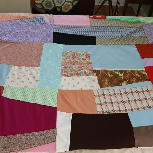 Vintage Double Knit Patchwork Quilt Top - 70s Patchwork Blanket or Throw created from Fabric Scraps - Grandma Patchwork Afghan or throw