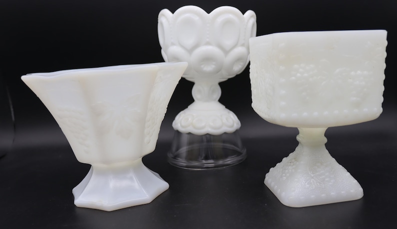 Vintage Milk Glass Pedestal Vases - Grapes Milk Glass Vase, Eight-Sided Milk Glass Pedestal Vase, Moon and Stars Milk Glass Vase