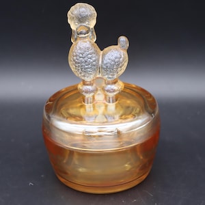 Vintage Poodle Powder Jar  -40s/50s Peach Luster or Marigold Glass Poodle Container for Trinkets - Poodle Collector - Vintage Poodle Dog