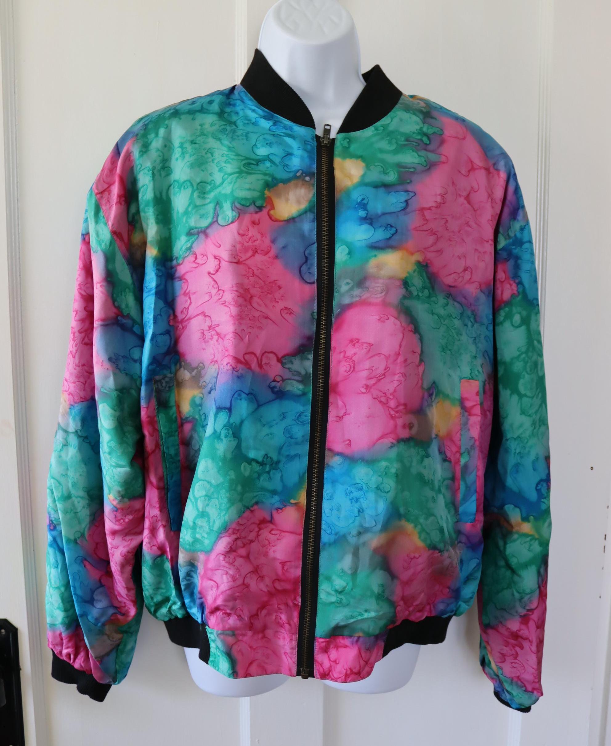 Vintage Watercolor Silk Bomber Jacket -80s/90s Bright Silk Jacket