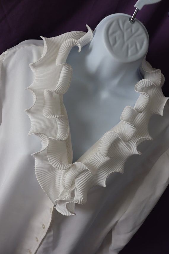 Silky White Blouse with Ruffled V-Neck and Long S… - image 3