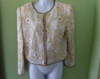 Ivory and Gold Sparkle Jacket - Special Occasion Silk Jacket with Gold Beads and Flowers - Gold Glittery Ivory Blazer - Gold Floral Cover-Up