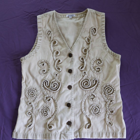 Long Cotton Vest Tan/khaki Vest With Decorative Swirls Waistcoat 