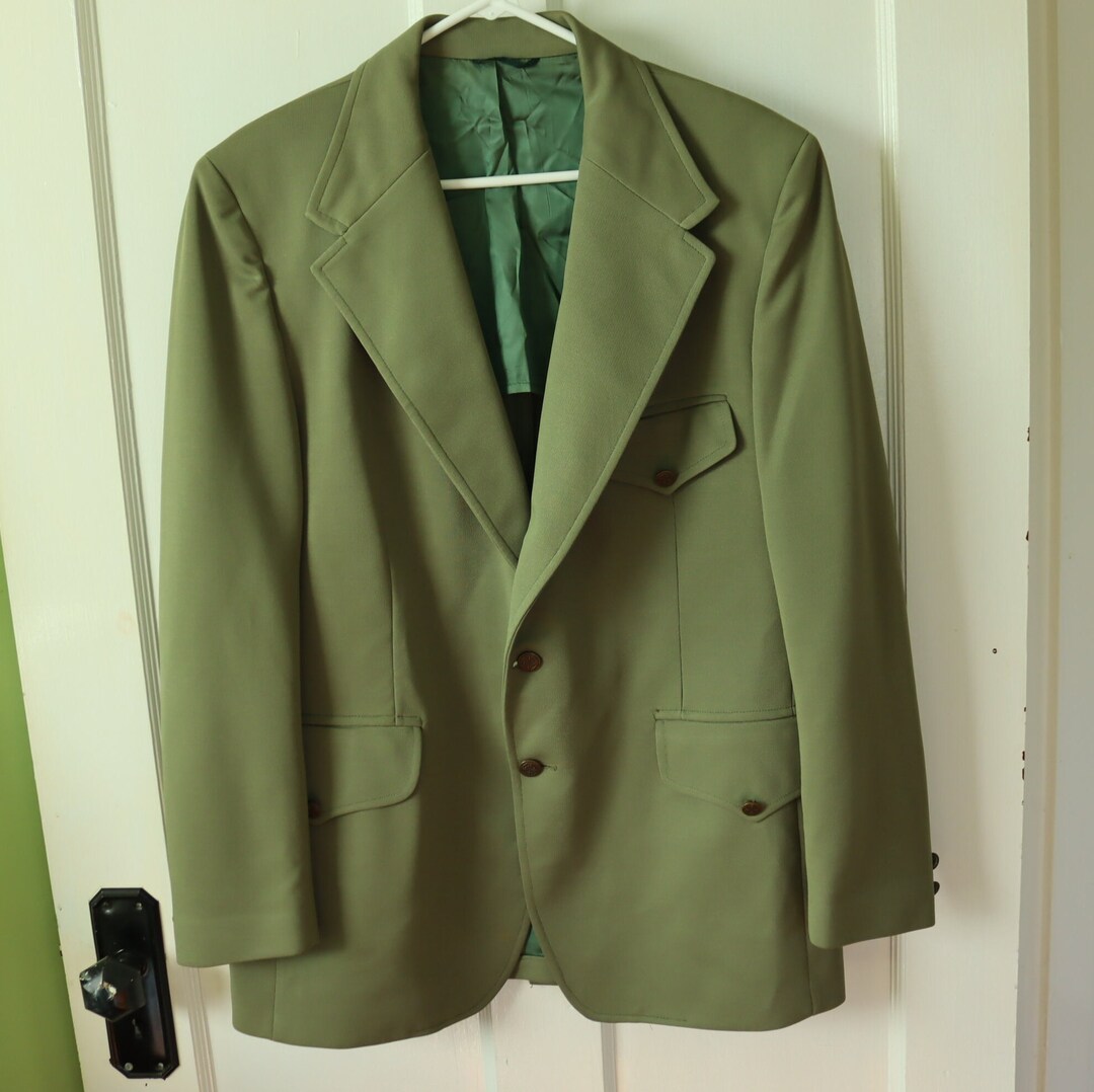 Mens Wide Lapel Olive Green Sports Coat / Blazer From 1970s Vintage