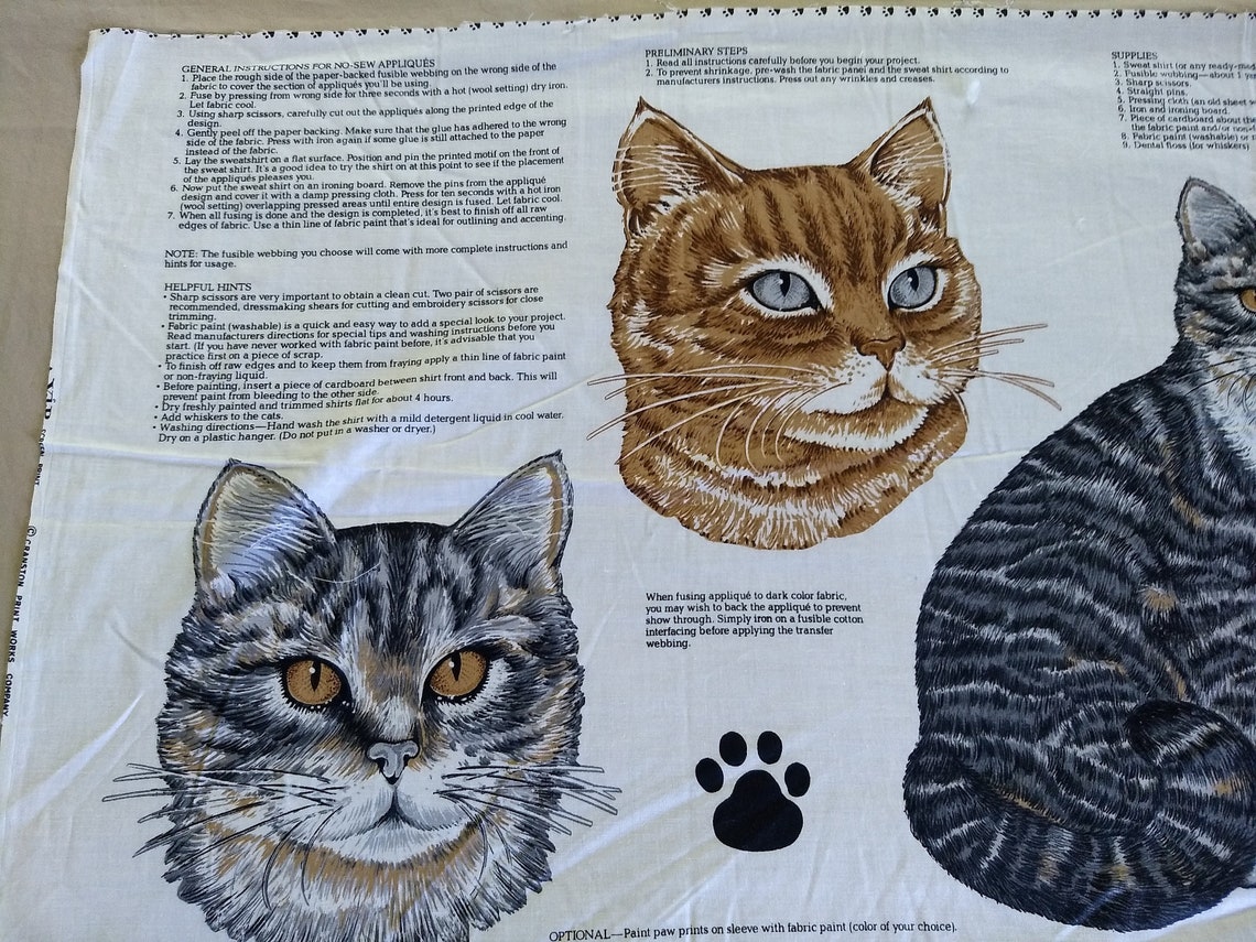 Cat Fabric Panel for applique Gray Tabby Cat and Yellow Etsy