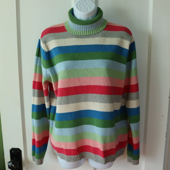Striped Cotton Turtleneck Sweater by Pendleton - Green Pink Blue Stripe No Itch Cotton Sweater - Pullover Cotton Sweater