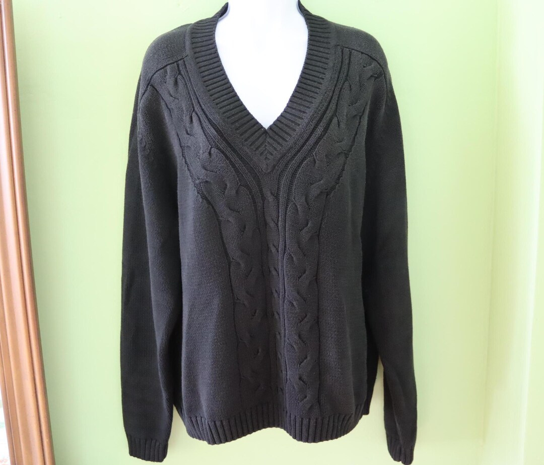 Black V-neck Cotton Sweater - No Itch Black Cable Knit Sweater - Etsy