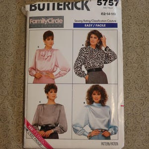 Enkelt blusmönster från Butterick 5757 storlek 12 14 16 - 80-tals elegant blusmönster - Kontorsblusmönster - Blusmönster med knappar baktill