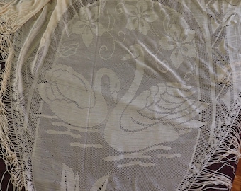 Ivory Lace Shawl with Swans - Vintage Lacy Ivory Wrap- Historic costume shawl - Victorian, Flamenco, or Fortune Teller Costume Shawl