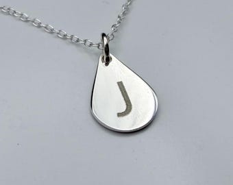 925 Sterling Silver Initial Necklace; Tear Drop Charm on a Trace Chain, Handmade in the UK