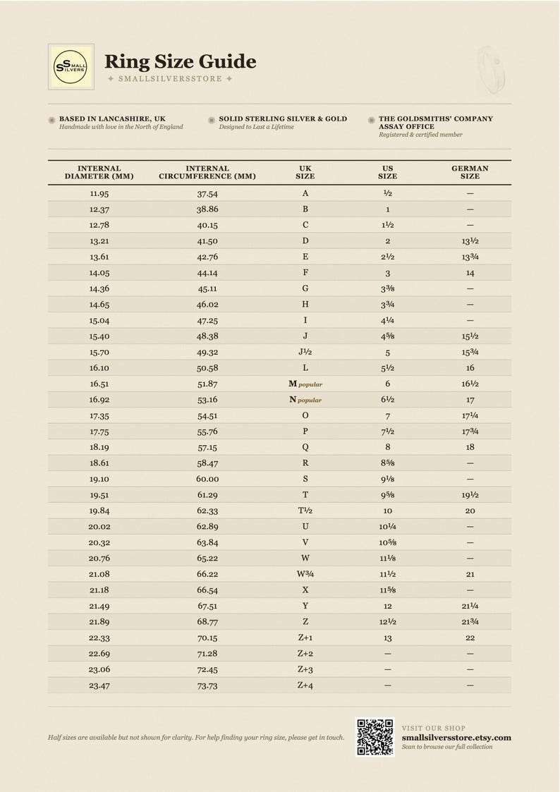 Peut inclure: Un tableau beige de guide des tailles de bagues pr&eacute;sentant des colonnes pour le diam&egrave;tre interne en mm, la circonf&eacute;rence interne en mm, la taille UK, la taille US et la taille allemande. L'en-t&ecirc;te inclut Ring Size Guide et smallsilversstore.com.