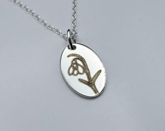 Personalised Birth Flower Necklace | Sterling Silver Oval Pendant | Handmade Engraved Gift for Her