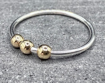 Sterling Silver and 9ct Gold Fidget Ring | Round Beads | 925 | 9ct | Stacker | Spinner | Beads | Recycled Material | Handmade in the UK