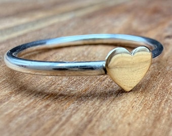 Sterling Silver & 9ct Gold Heart Ring | Mixed Metal | Solid Gold Heart | Recycled Materials | Handmade in the UK