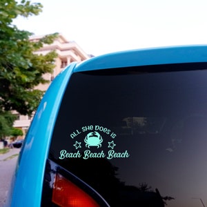 All she does is beach decal sticker - crab &stars - Beach summer vibes decor for cars, trucks, water bottle Tumbler, Laptop, book, gulf cart