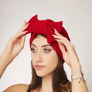 Turban for women, turban with removable bow, pretied headwrap, chemo headscarf, alopecia cover, gift for her, Red beanie hat, hair scarf
