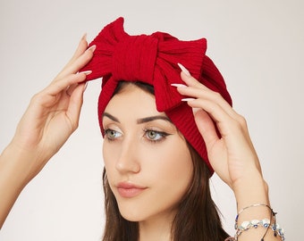Turban for women, turban with removable bow, pretied headwrap, chemo headscarf, alopecia cover, gift for her, Red beanie hat, hair scarf