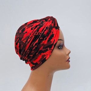 Turban for women,pretied red camo chemo headwear,alopecia cap,  Beanie hat,gift for her,cancer hat, pretied headwrap,summer hat,hairloss hat