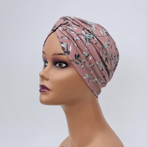 Pretied vintage style pink floral turban headwrap for women, chemo hat, alopecia cover, pre tied headwear chemo gift for her,  Beanie hat