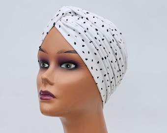 Pretied turban for women,black rain drop on white cotton turban,pretied headwear,chemo hat,vintage alopecia hat,gift for her,summer headwrap