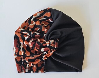 Double sided plain and pattern twisted pretied turban cap, vintage style turban for women, chemo hat, alopecia cover, gift for her, Beanie