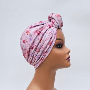 Pink flowers adjustable knot summer turban for women,pretied headwrap,chemo turban,alopecia hat, Beanie hat,gift for chemo,gift for chemo