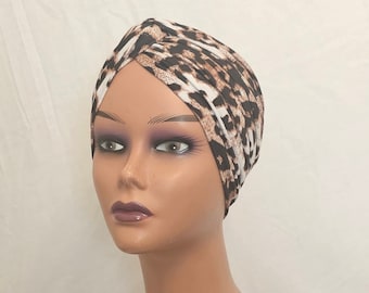 Leopard print pretied turban for women, vintage style turban cap, chemo hat, alopecia cover, gift for her, Beanie hat, headwear for women