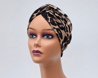 Leopard print turban for women,Animal print pretied cotton turban,vintage boho chemo hat,alopecia cover,gift for her,Beanie,pretied headwear