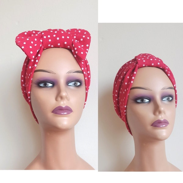 Turban, Turban for women, Turban cap with detachable bow,  red polka dot hat, chemo hat, alopecia headwear, gift for her, beanie headcover