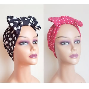 Turban bundle of two, Polka dot turban, satin lined, Detachable bow hats, Beanie hat, Turban for women, chemo hat, alopecia, gift for her