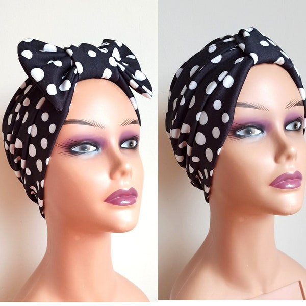 Turban, turban à pois, doublé de satin, bonnet turban avec noeud amovible, bonnet, turban pour femme, bonnet de chimio, alopécie, cadeau pour elle