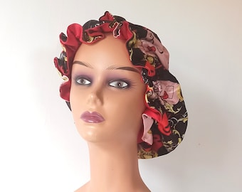 Bonnet en satin, bonnet en satin réversible, bonnet en soie à imprimé floral, bonnet de couchage, bonnet de nuit, cadeau de soins capillaires, cadeau pour elle, foulard de sommeil en soie