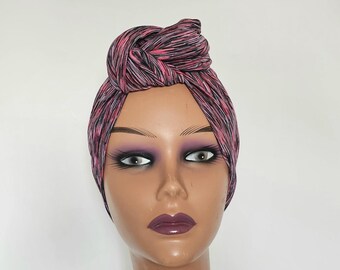 Pretied turban,vintage boho knot pink and black turban for women,chemo headwear turban headwrap, alopecia chemo Beanie hat, gift for her