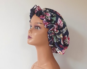 Bonnet en satin, bonnet en satin réversible, bonnet en soie à imprimé floral, bonnet de couchage, bonnet de nuit, cadeau de soins capillaires, cadeau pour elle, foulard de sommeil en soie