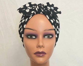 Silk lined polka dot pretied rabbit ear bow turban hat for women, chemo alopecia headwear gift for her, ladies summer Beanie turban headwrap