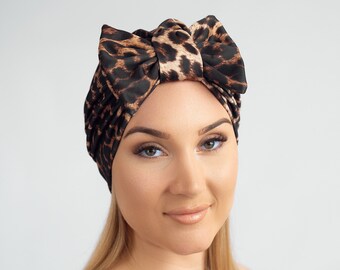Turban for women,leopard print satin lined turban with removable bow,pretied headwrap,chemo hat,alopecia turban beanie,gift for chemo