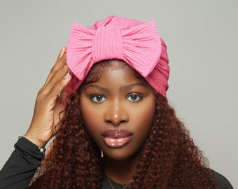 Turban for women, turban with removable bow, pretied headwrap, chemo headscarf, alopecia cover, gift for her, Red beanie hat, hair scarf