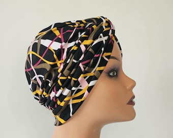 Turbante feminino pré-amarrado com estampa artística multicolorida, estilo vintage, ideal para quimioterapia, cobertura para alopecia, presente perfeito para ela.