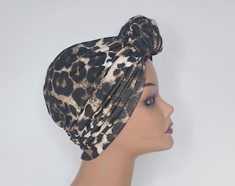 Leopard print adjustable pretied turban headwrap for women,vintage boho chemo headwear,gift for chemo,alopecia Beanie hat,gift for her