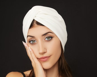 Turban for women, Ivory Vintage Style Pre-Tied Headwrap, Chemo Alopecia Cap