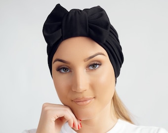 Turban for women, turban with removable bow, satin lined turban cap, pretied headwrap, chemo headscarf, alopecia, gift for her, hairwrap