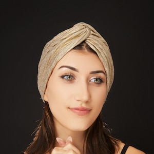 Turban, pretied gold glittering turban for women, vintage style turban cap, chemo hat, alopecia cover, gift for her, Beanie hat, headwear
