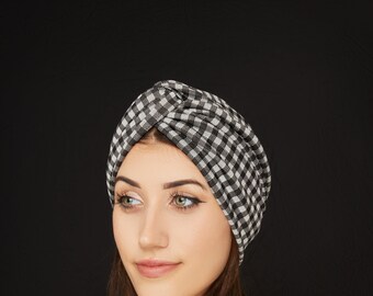 Turban pour femme, turban de style vintage imprimé à carreaux, bandeau pré-noué, chapeau de chimio, couverture d'alopécie, cadeau pour elle, turban pré-noué, bonnet