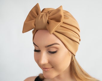 Satin lined turban cap with detachable bow, women summer fashion hat, chemo hat, alopecia, beanie turban, gift for her