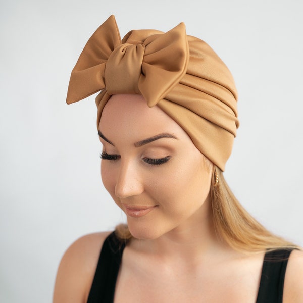 Satin lined turban cap with detachable bow, women summer fashion hat, chemo hat, alopecia, beanie turban, gift for her