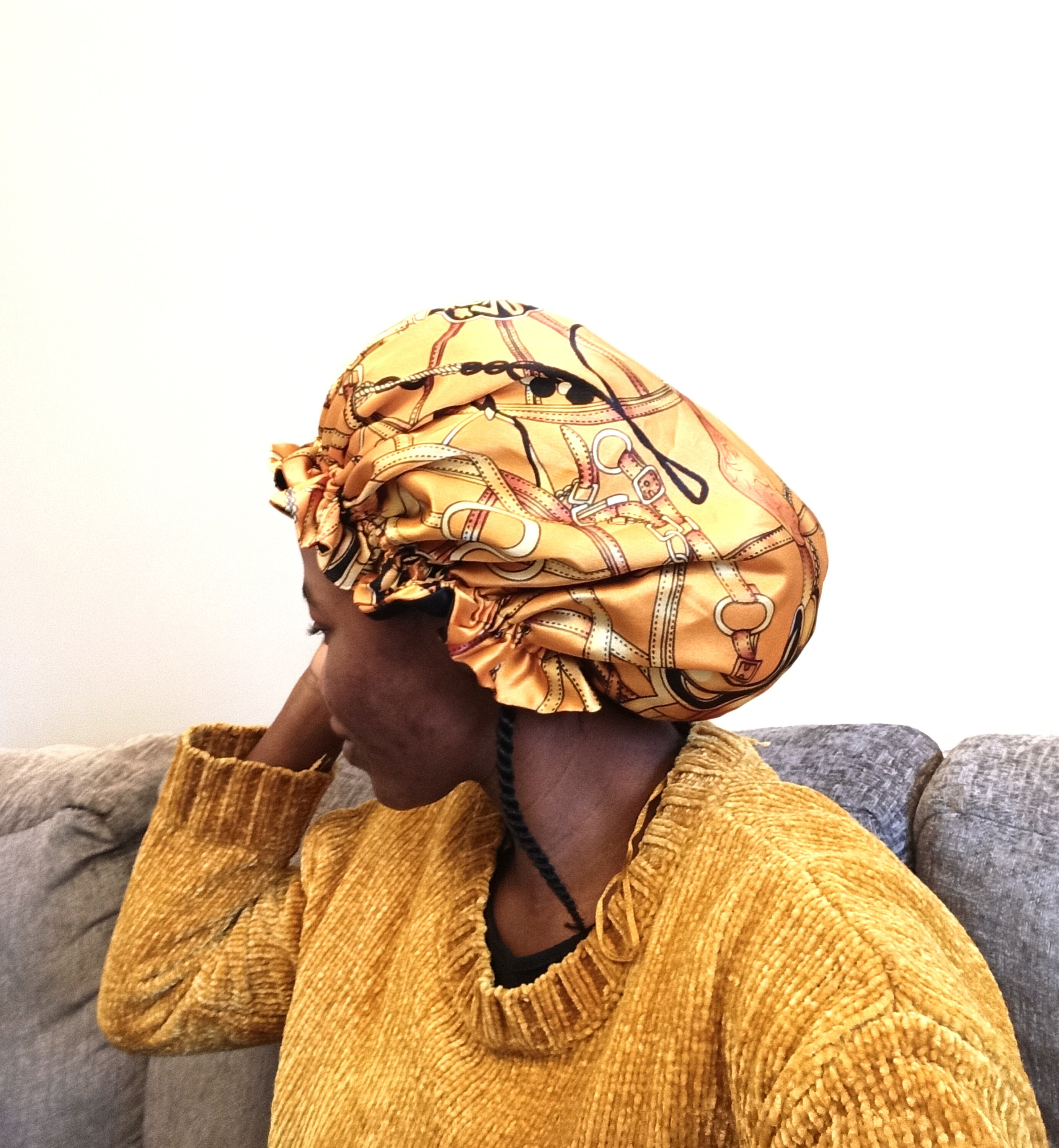 Handmade reversible satin sleep bonnet featuring a chic bee-inspired print Satin Bonnet, Reversible Satin Bonnet, Floral Print Silk  main image 4