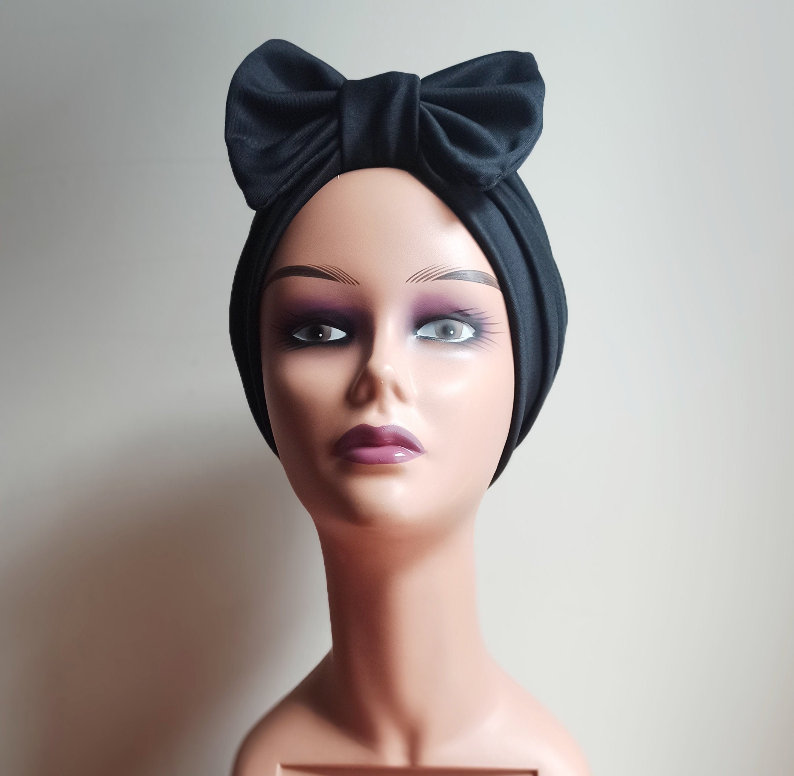 Black turban cap with detacheable bow satin lined turban cap Etsy