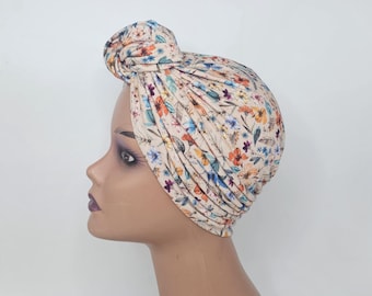 Turban for women, Soft Bamboo Jersey Floral pretied Headwrap, Adjustable Knot Chemo Beanie Hat