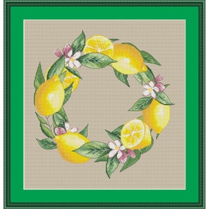 Lemon wreath cross stitch pattern PDF instant download citrus cross stitch fruit cross stitch cross stitch lemon lemons embroidery