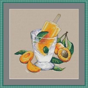 May include: A cross-stitch pattern featuring a glass of water with a popsicle and apricots. The popsicle is orange and yellow and the apricots are orange and yellow with green leaves.